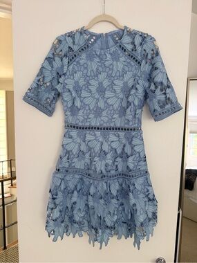 Just Me Light Blue Floral Lace Fit-and-Flare Dress